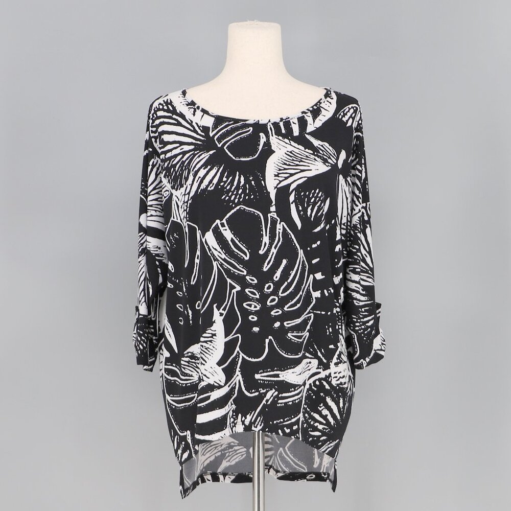 CLARA SUNWOO Leaf Print Black White High Low Stretch Tunic Top Size S